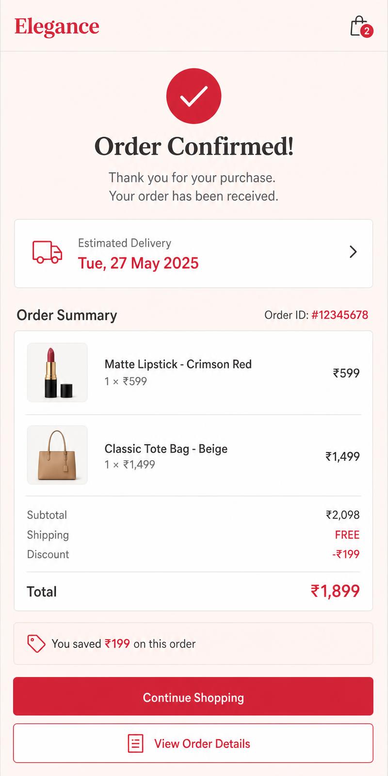Make the second purchase effortless screen from a Wve Labs eCommerce app