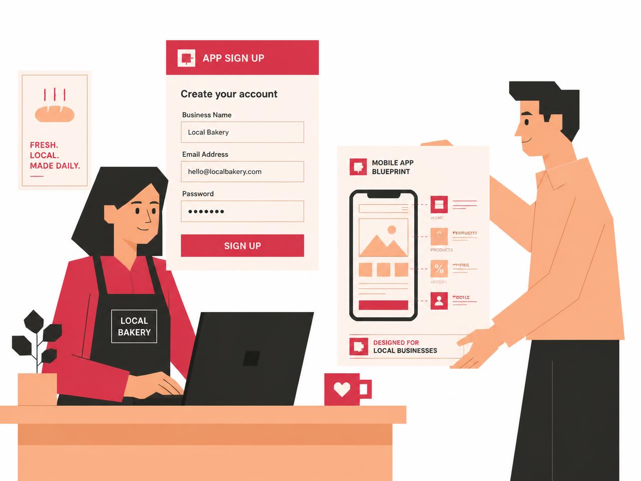Illustration of a store owner signing up for a custom eCommerce app built by Wve Labs