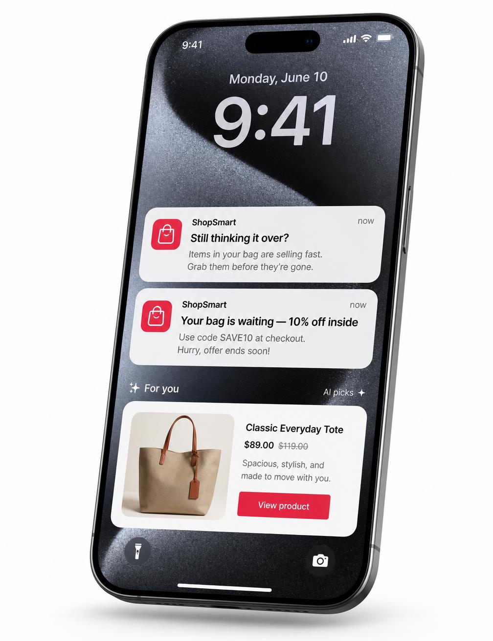 iPhone showing AI-generated shopping app push notifications and a personalised product recommendation