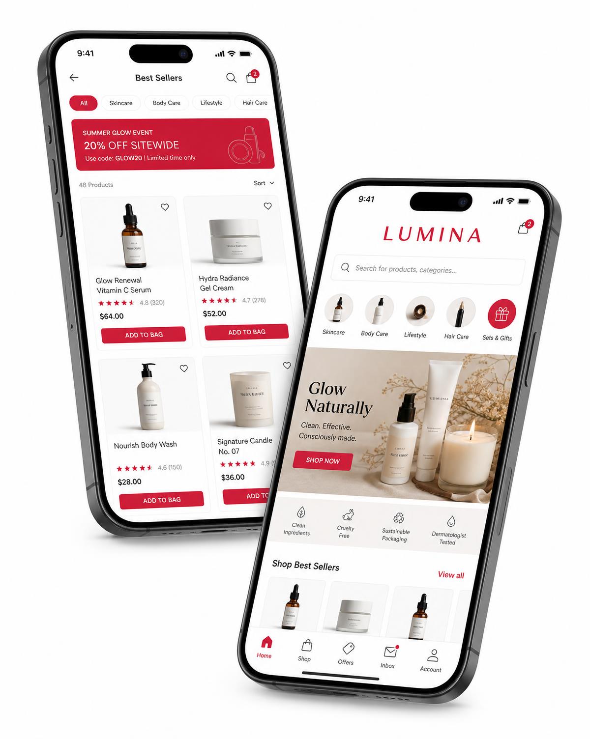 Two iPhones showing a branded eCommerce shopping app built by Wve Labs, with a product grid and app home screen